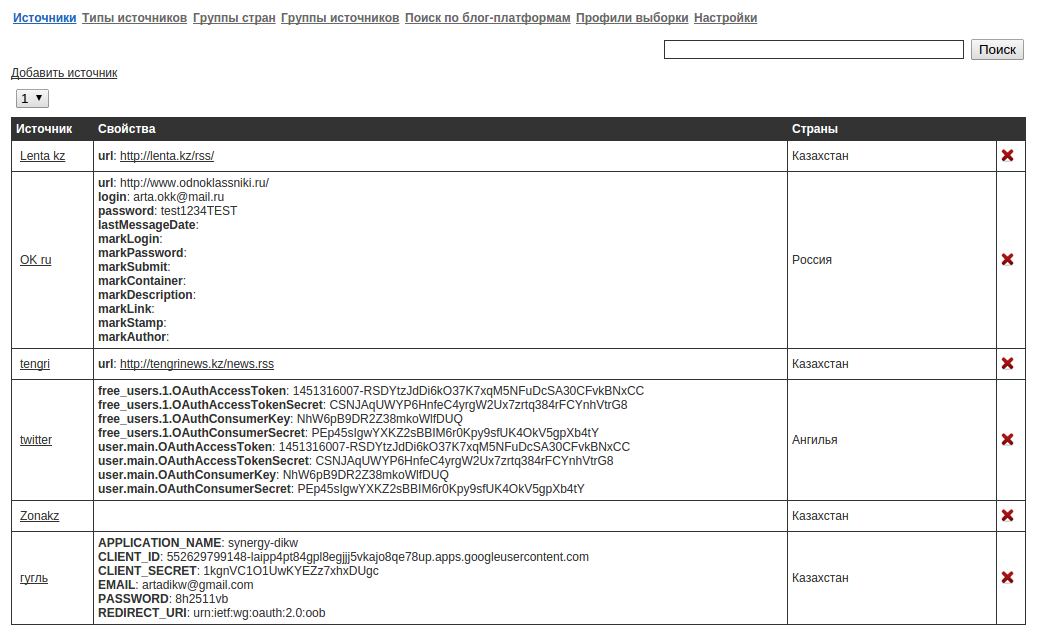 Рабочая область панели «Источники»