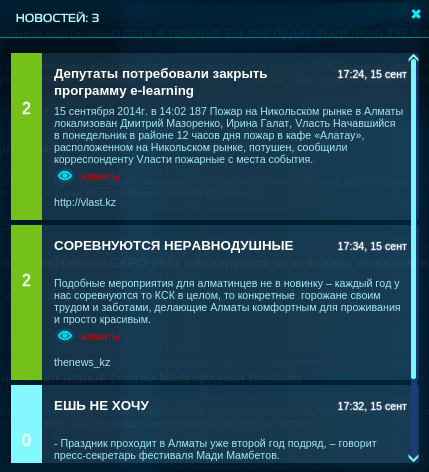 Окно новостей, найденных по фильтрам