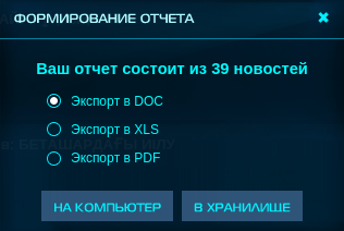 Окно формирования отчета