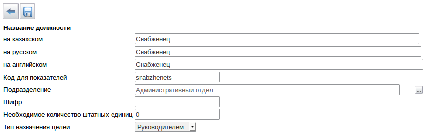 Панель редактирования должности