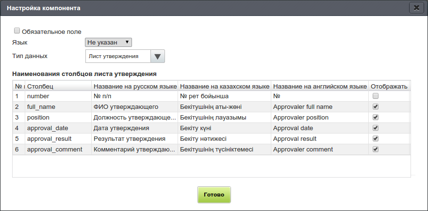 Настройка компонента «Лист утверждения»
