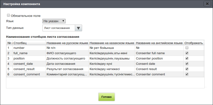 Настройки компонента «Лист согласования»
